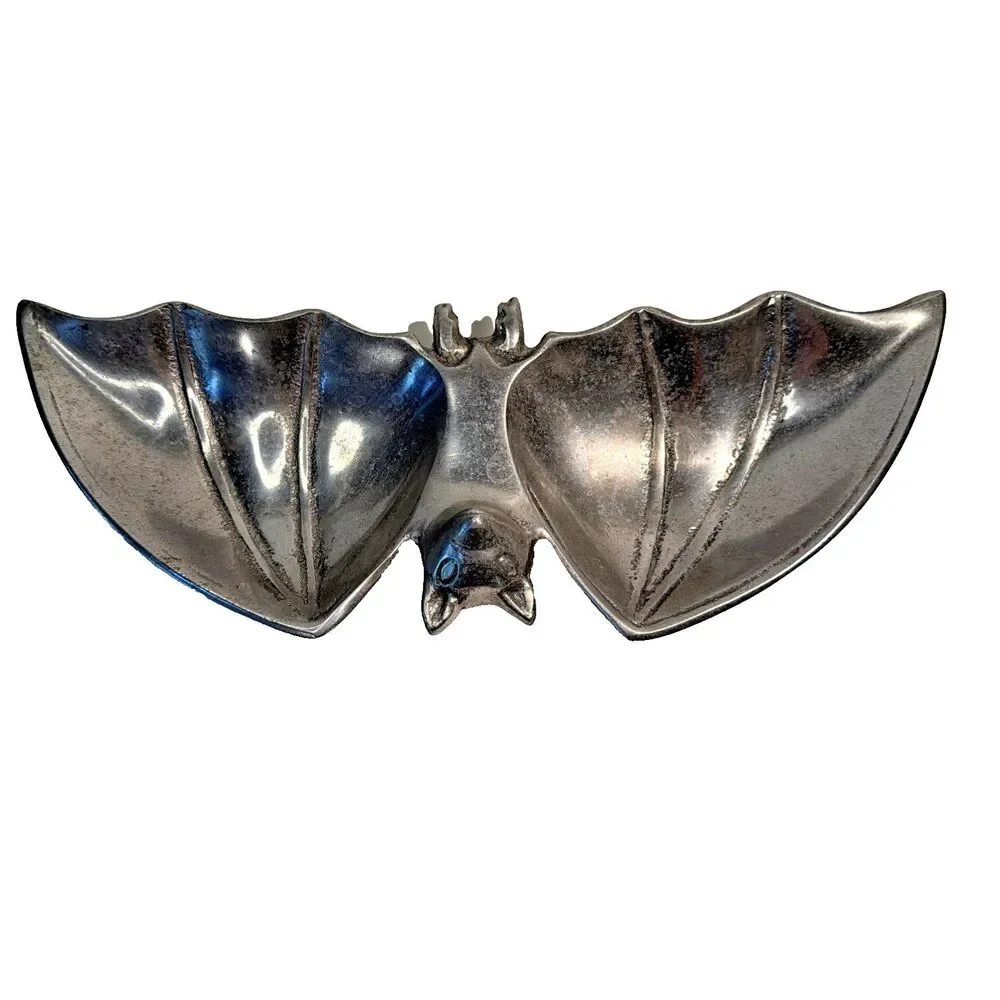 Heavy Silver Cast Metal Bat Tray Halloween Candy Dish Goth Catchall Trinket Bowl